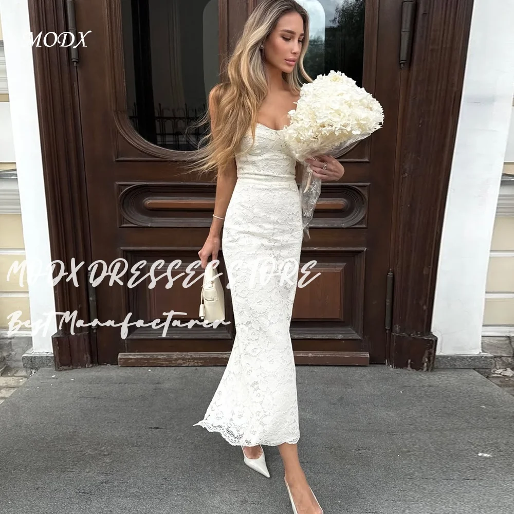 MODX Romantic Ivory Wedding Dress Strapless Corset Bodice Full Lace Overlay Mermaid Silhouette Mid-Calf Length Bridal Gown