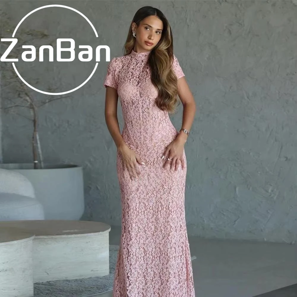 ZanBan Pink Evening Dresses Floral Lace High Neck Mermaid Dress Woman Elegant Party Wedding Short Sleeves Prom Gowns Customiz