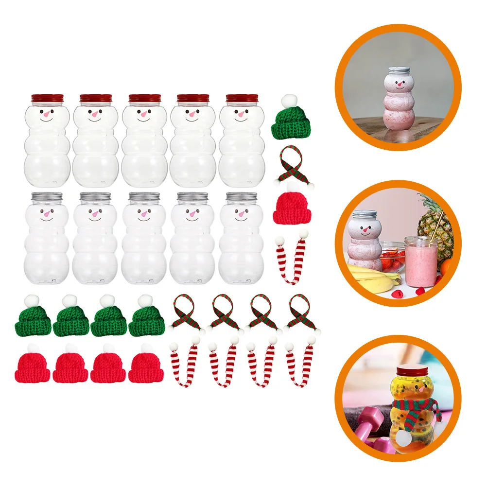 10 Sets 500ml Empty Juice Bottles With Hats And Scarves Snowman Beverage Bottles DIY Christmas Party Drinking Milk Bottle