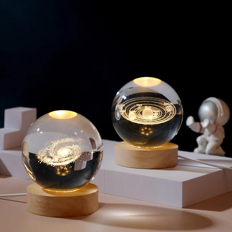 

6cm wooden luminous base with 3D inner carved crystal ball, small night light, galaxy, solar system creative desktop decoration