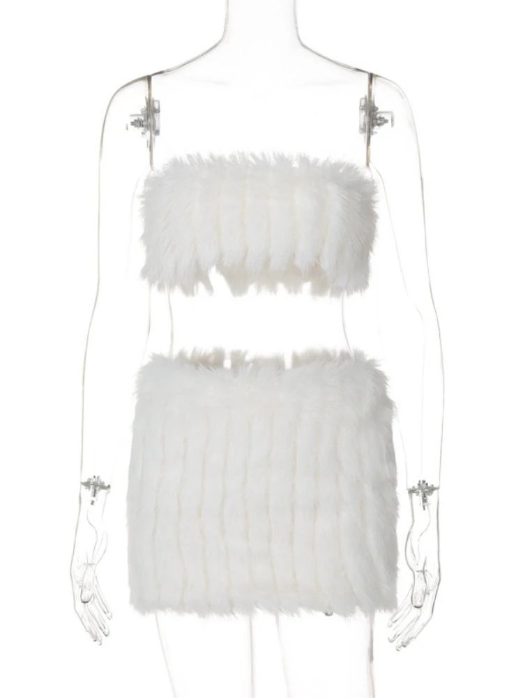 2026 Women Solid White Fur Corset Top and Skirts 2-piece Sets Fashion Sexy Package Hip Party Night Club Dress Suit Streetwear - view 5