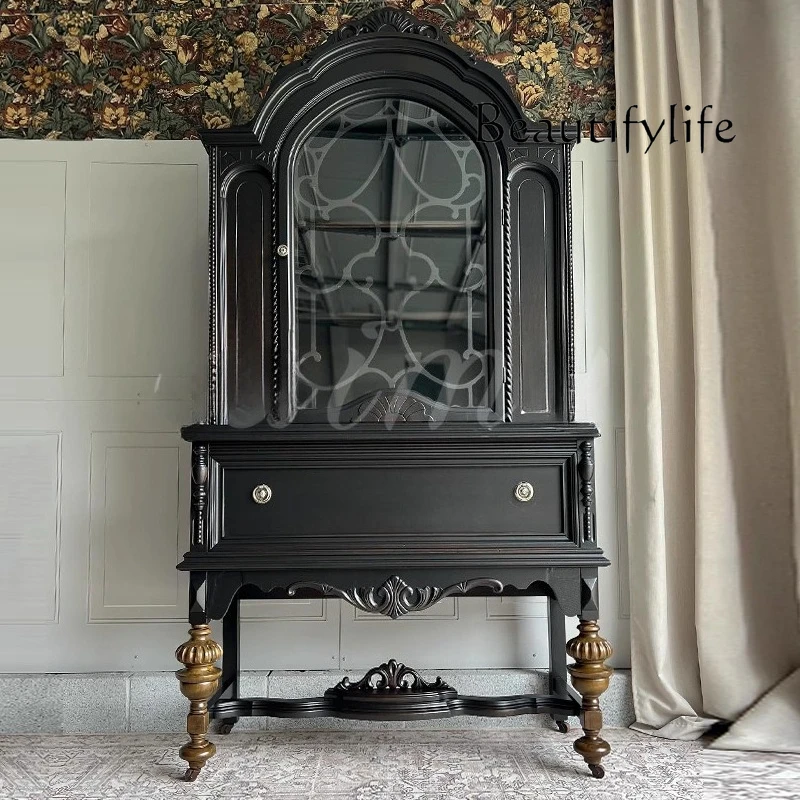 

French country solid wood chest small apartment living room display American retro dining room black storage wine cabinet
