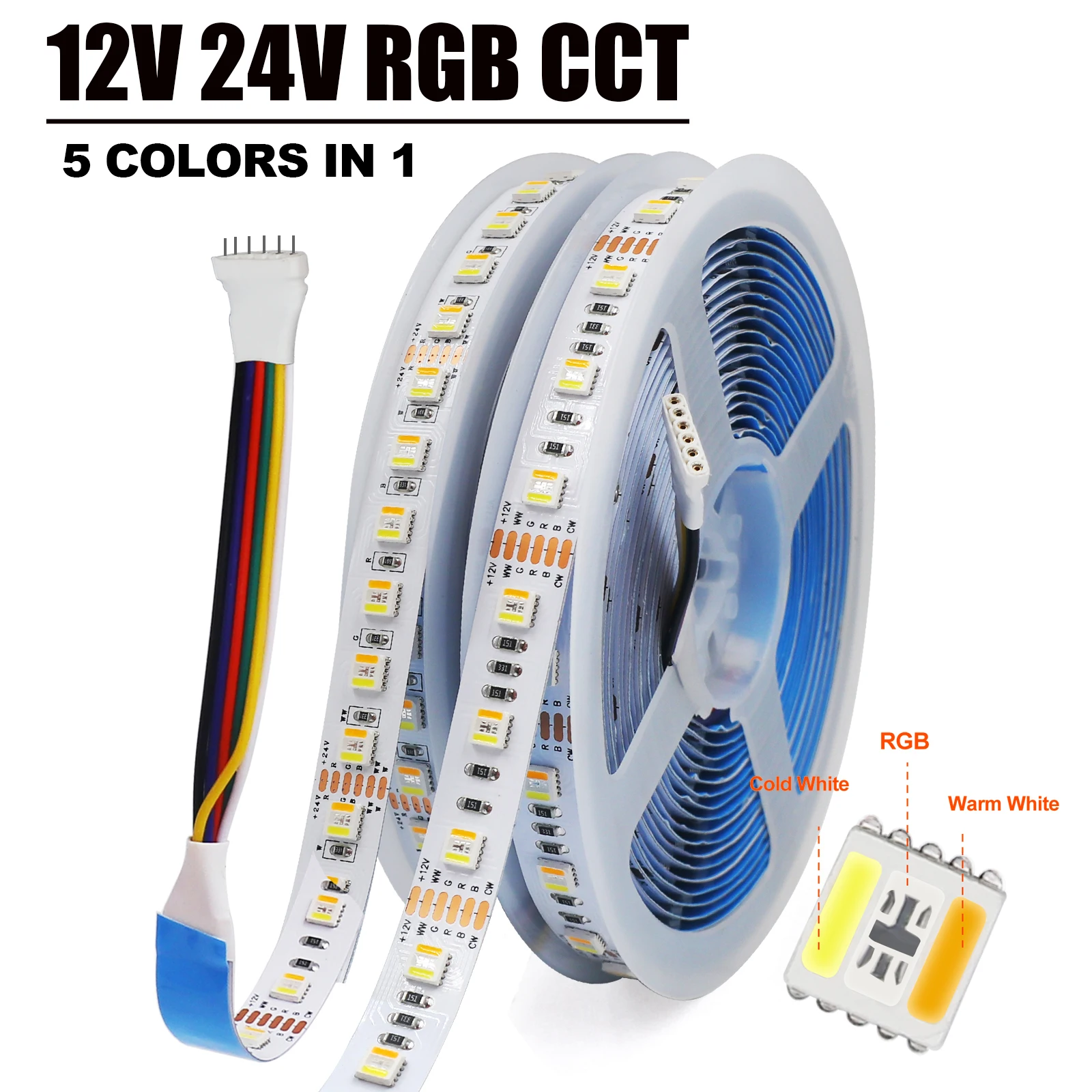 Taśma LED RGB CCT DC 12V 24V 5 kolorów w 1 chipie SMD 5050 60 96 diod/M IP21 IP65 Dekoracja domu Elastyczna taśma wstążkowa Światło linowe