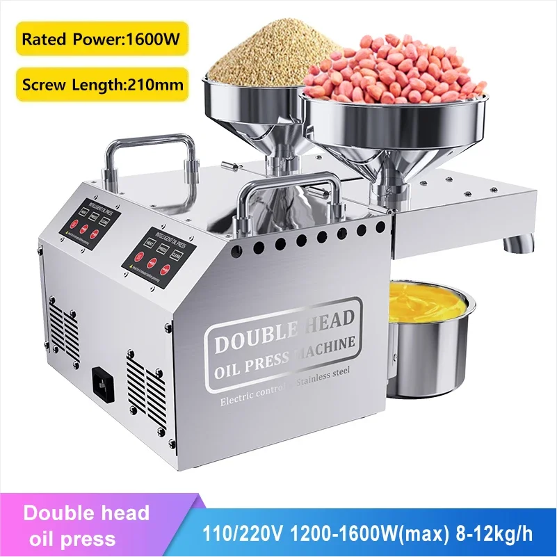 

220V Double Head Oil Press Intelligent Temperature Control Oil Press Cold Press Flaxseed Peanut Coconut Meat Extractor