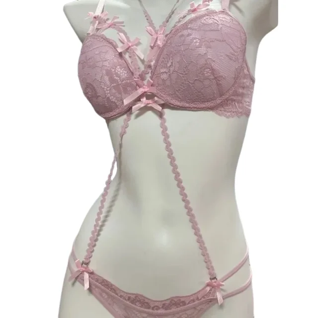 

Women's Layered Lingerie Set - Hollow Out Lace Halter Bra with Bow Worn as Outer Top with Inner Red Lace Up Underwire Bra KUCLUT