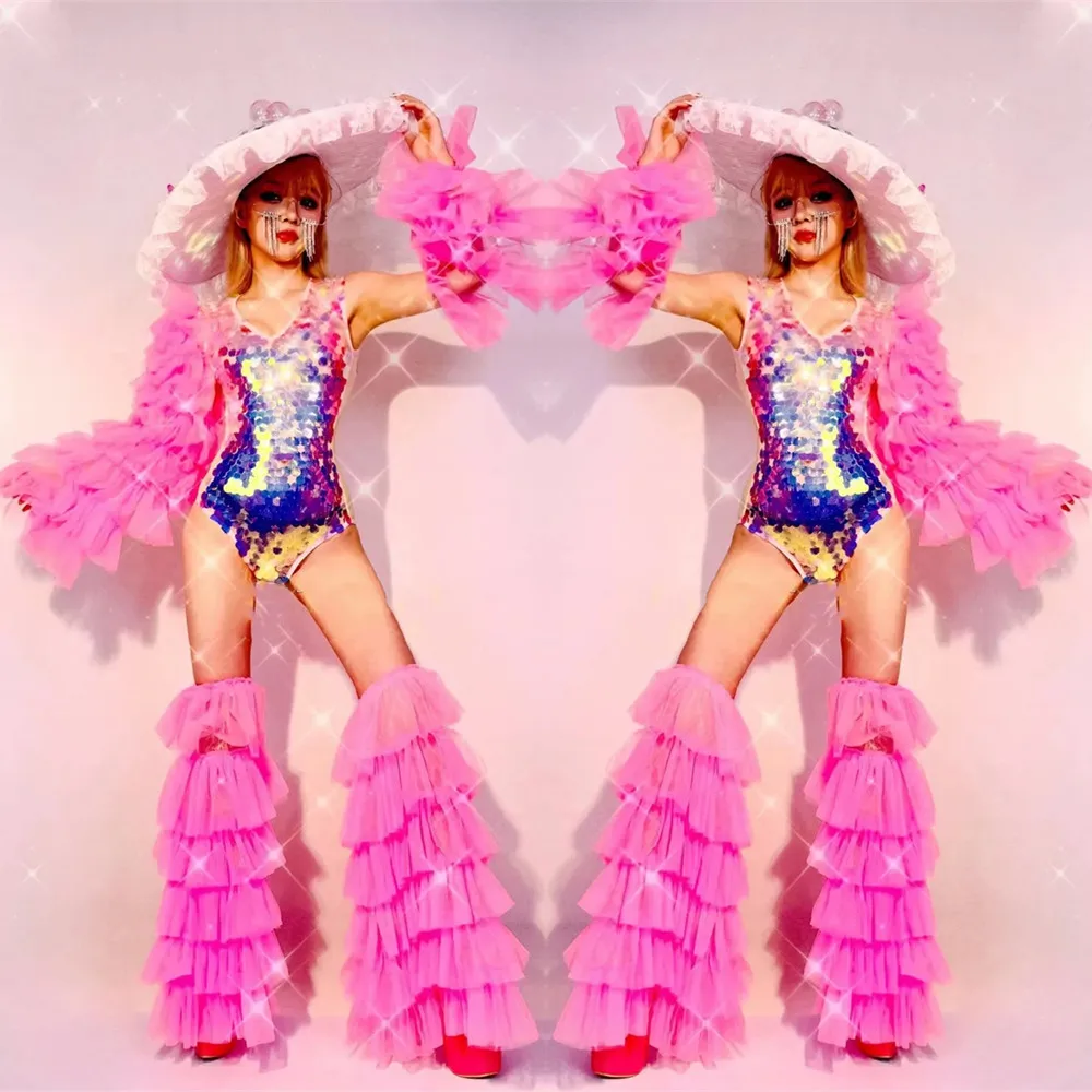 ملهى ليلي Gogo أداء المرحلة ارتداء لامعة مقياس الترتر ارتداءها الوردي الشاش غطاء الساق الهذيان الزي بار الرقص سحب الملكة زي