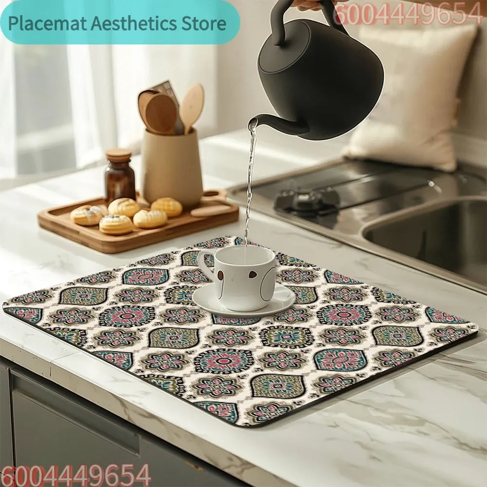 Tapete de Secagem de Louça Estilo Boho, Design Floral Simétrico, Tapete para Bancada de Cozinha, Resistente ao Calor, Fácil de Limpar, Tapete Grande para Máquina de Café
