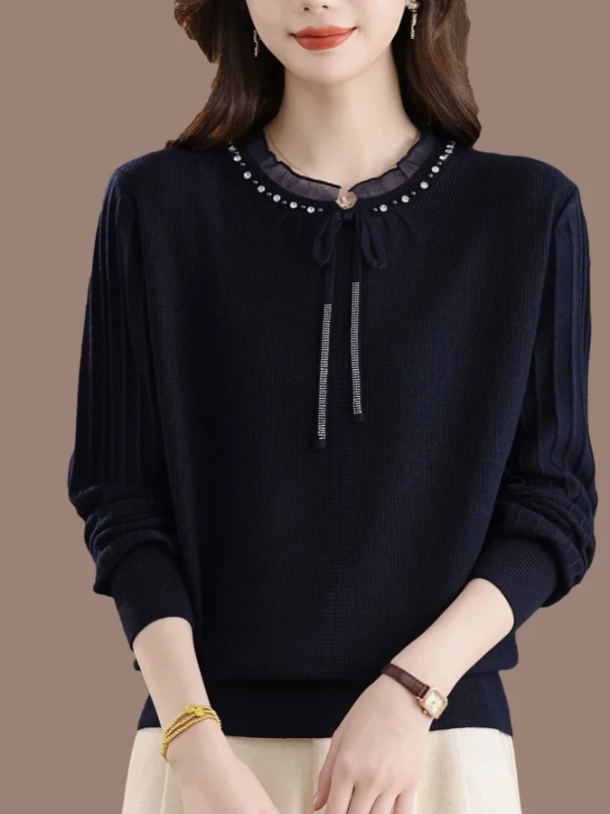 Ouleブランド レディース カメレセーター レース編みウールトップ ベルト付き カジュアル スタイリッシュ ソフト ラビットファーブレンド ロングスリーブ 暖かい