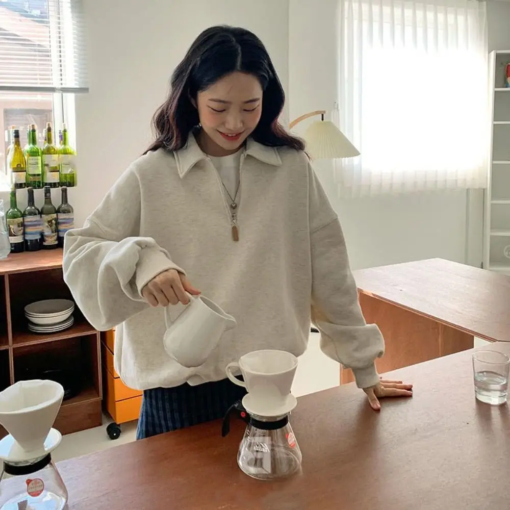 เสื้อฮู้ดแขนยาวคอเต่าครึ่งตัวทรงหลวมสไตล์เกาหลีสำหรับฤดูใบไม้ร่วง มีซิป เหมาะสำหรับผู้หญิงเดินทาง