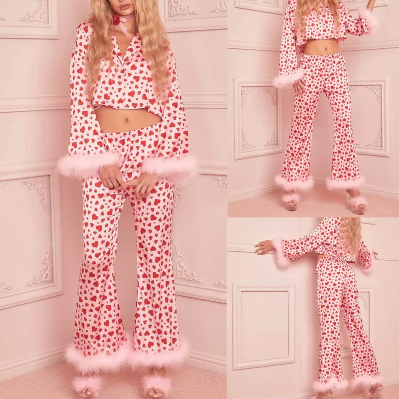 2024 Casual Set Pajamas Christmas Valentine's Day Sweet Love Print Sweet Love Printed Leisure And Comfortable Clothes Sets