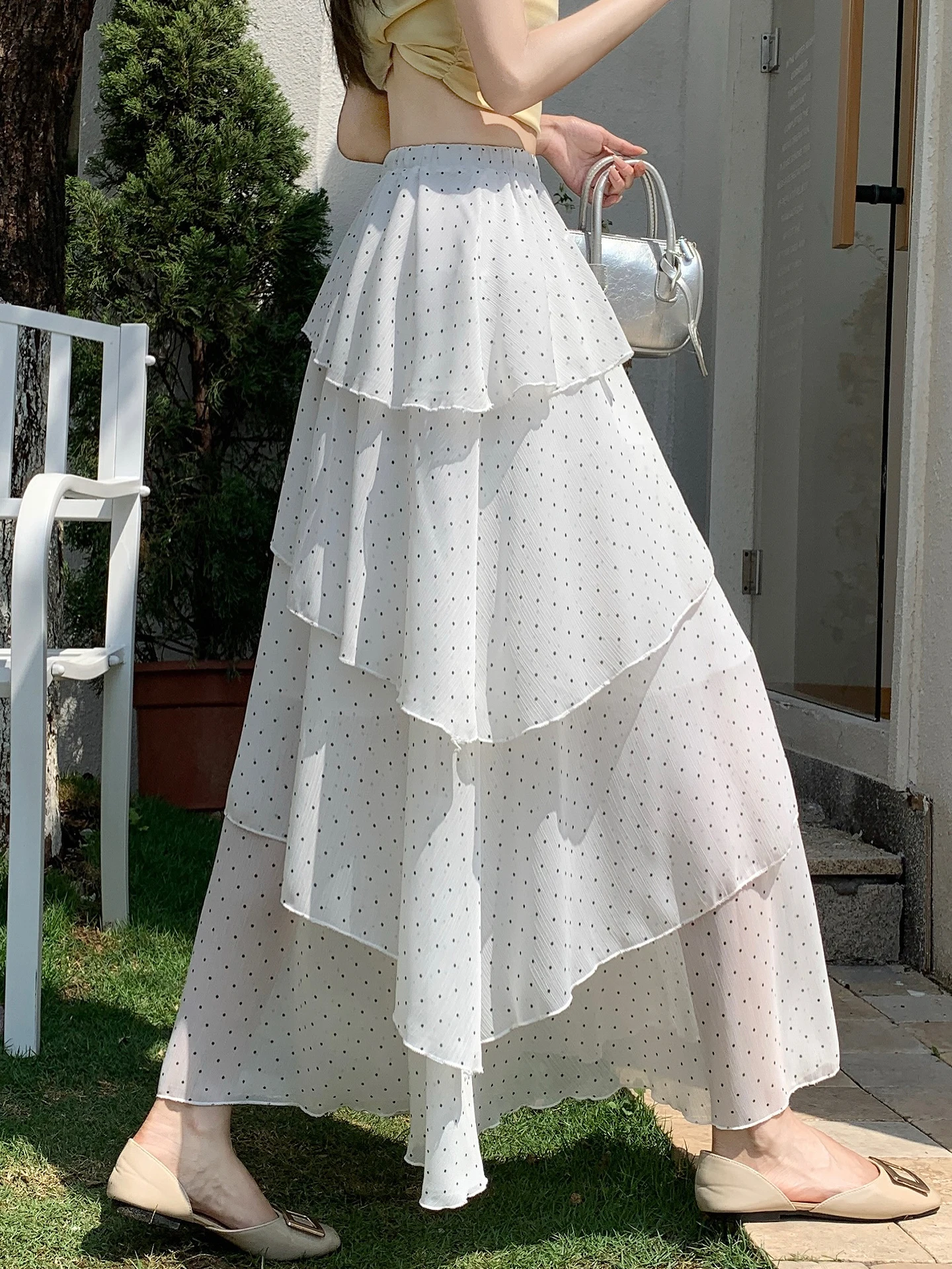 

Летняя дизайнерская юбка в горошек с асимметричным подолом и оборками, шифоновая макси-юбка, расклешенная длинная юбка с высокой талией А-силуэта