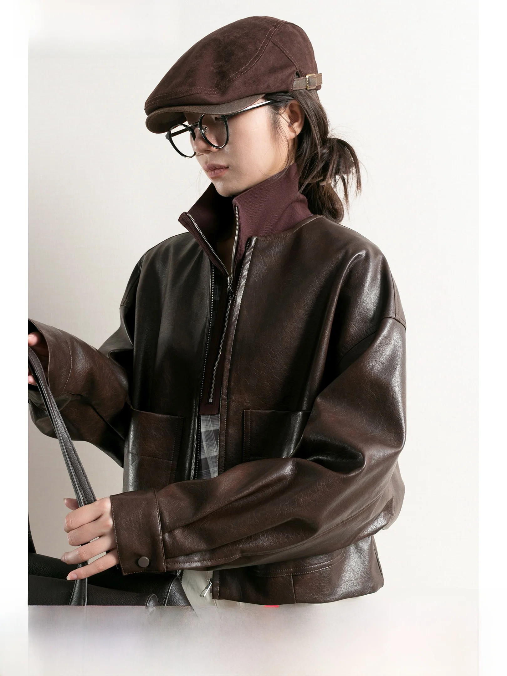 ヴィンテージストリートスタイル レディース PUレザー ジャケット ラウンドネック バットウィングスリーブ ワークウェアコート 暖かいカジュアルアウターコート