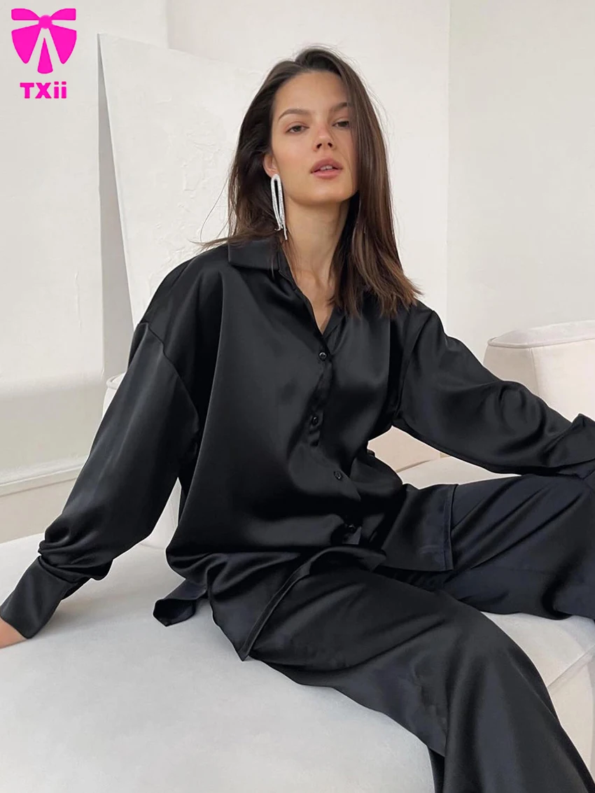 TXii Loose Ladies Nightwear 2 Piece Set Turn-Down Collar Nightgowns Long Sleeve Sleepwear Wide Leg Pants Women Pajama Suit