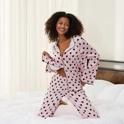 Women's 2Piece Heart Print Sleepwear Spring Summer Satin Pajamas Set Long Sleeve Lapel Neck Button Down Tops+Elastic Band Pants