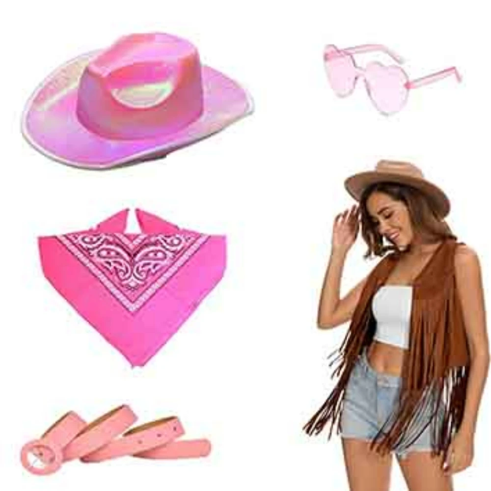 

Western cowboy style set with pink laser hat, heart-shaped sunglasses, printed handkerchief, and belt party outfit combination
