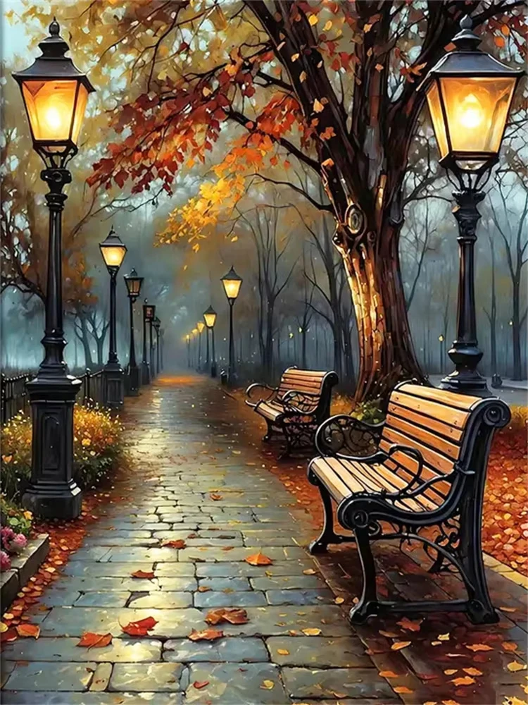 Herbstliche Park-Lampenbank-Puzzle-Motive, Nasser Asphalt, Gefallene Ahornblätter, Nebeliges Wald-Wanddekor für Zuhause