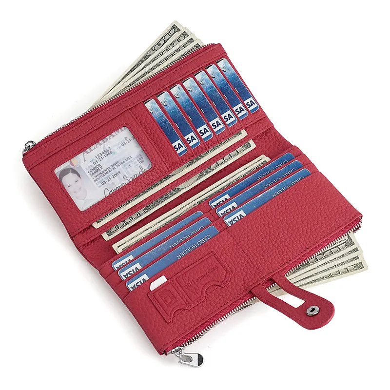Western RFID Blocking Cowhide Leather Long Women Wallet  Large Capacity Card Holder Coin Purse for Ladies