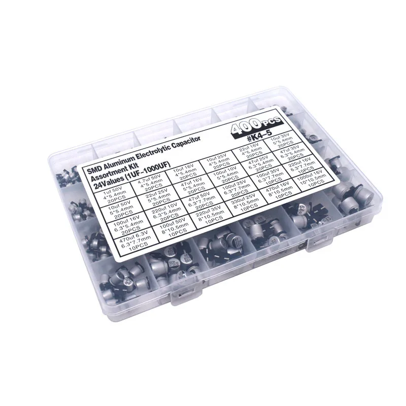 Aluminum Electrolytic Capacitor Kit 400 Pieces For SMD Mount 1uF To 1000uF 6.3V 10V 16V 25V 35V 50V 24 Values For Testing