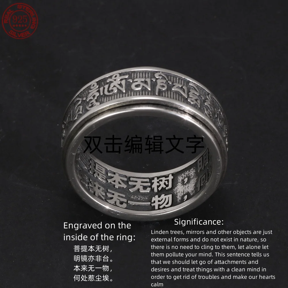 Authentic 925 Sterling Silver Vintage Rings For Men Rotatable Tibetan Six Words Mantra Rings Om Mani Padme Hum Buddhist  Jewelry