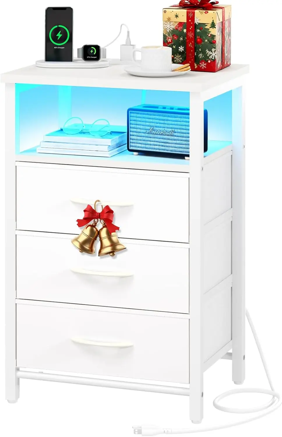 

Прикроватная тумбочка с зарядной станцией, 16-цветный светодиод, USB-порта и розетка, хранилище с 3 ящиками, небольшая белая прикроватная тумбочка
