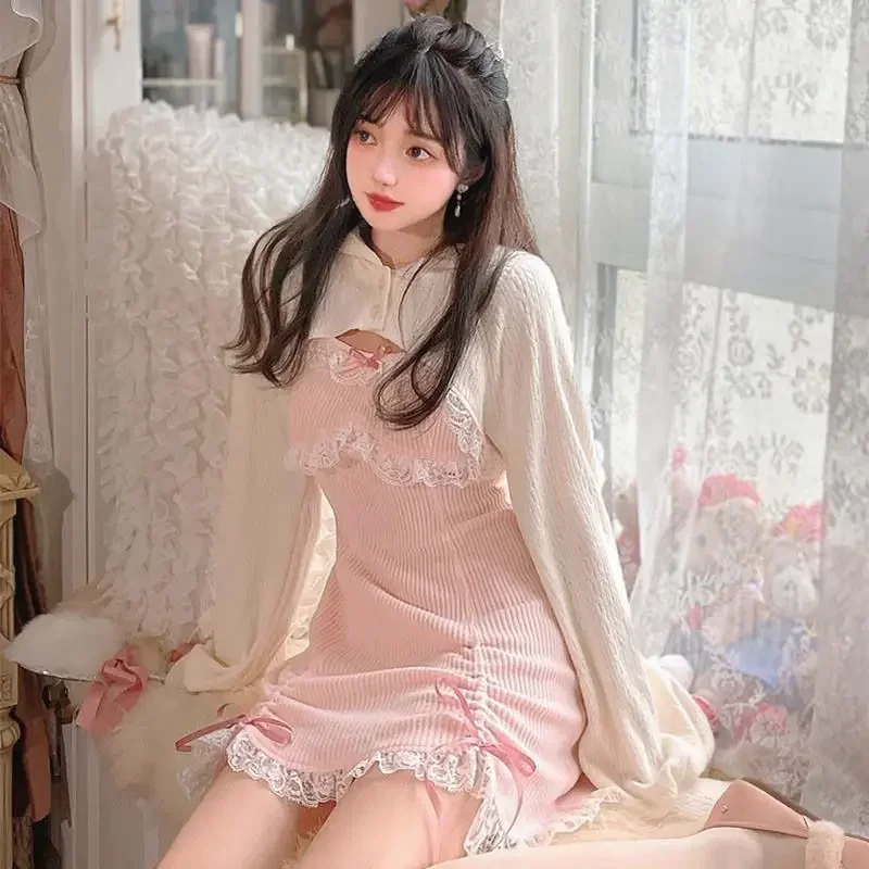 

Lolita Dress Women Bow Pink Party Mini Dresses Female Princess Korean Fashion 2 Piece Dress Set 2022 Summer