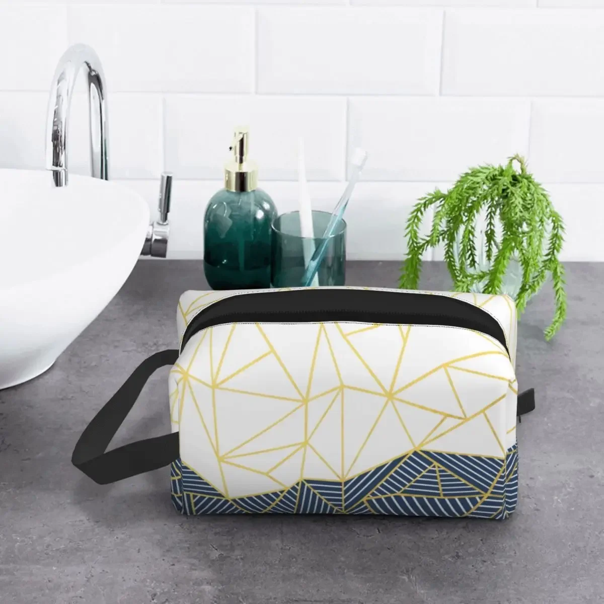 Custom Travel Abstract Lines Navy And Gold Toiletry Bag Kawaii Makeup Cosmetic Organizer for Women Beauty Storage Dopp Kit Box image 4