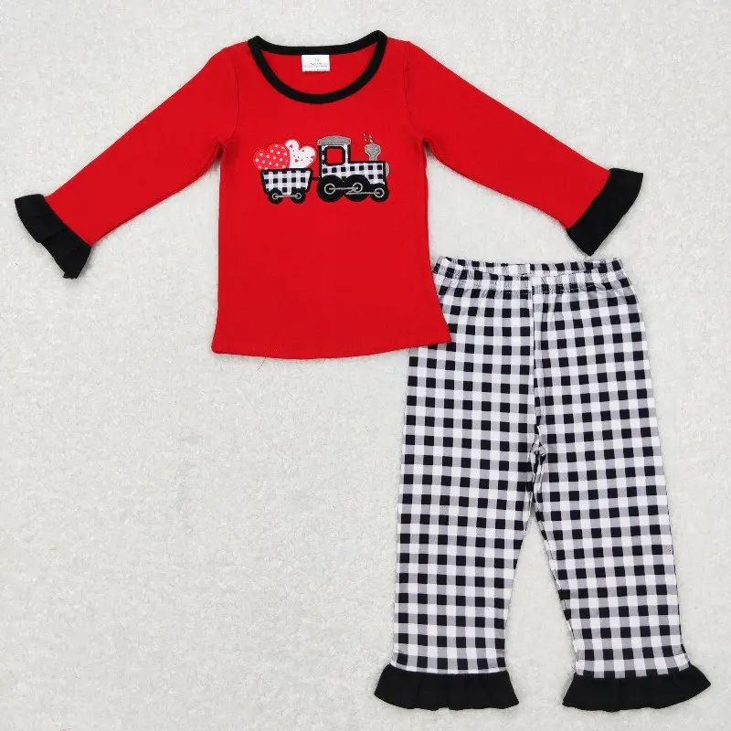 

New rts Infant Girls Valentine Set Wholesale Boutique Embroidered truck Pattern Long Sleeve Pants Girls Clothing