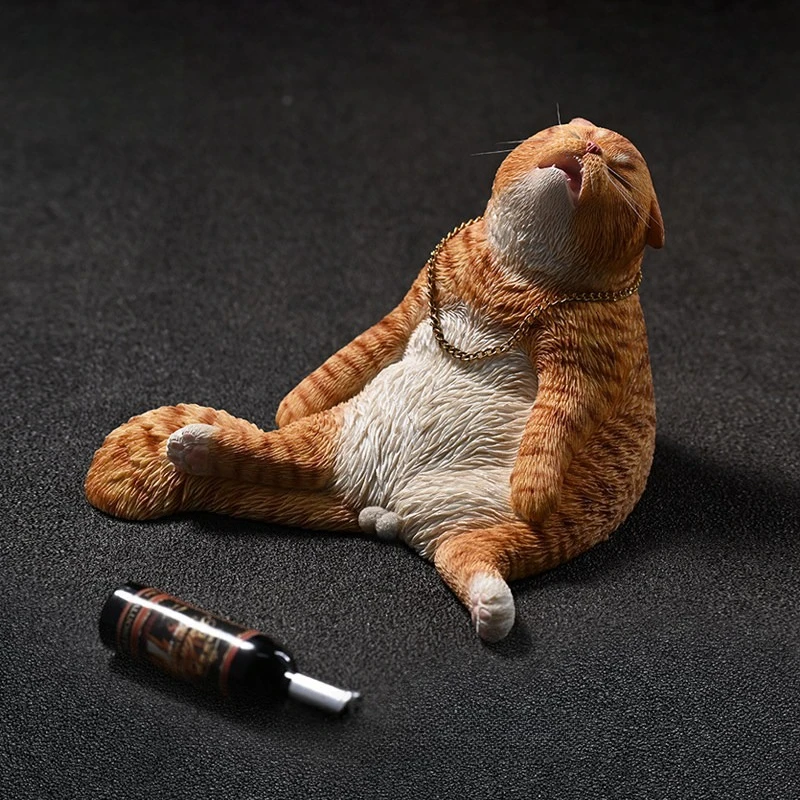 Cute Drunk Cat Figurine Ornament, Creative Funny Simulation Pet Model, Trendy Desktop & Car Interior Decoration Gift for Friend