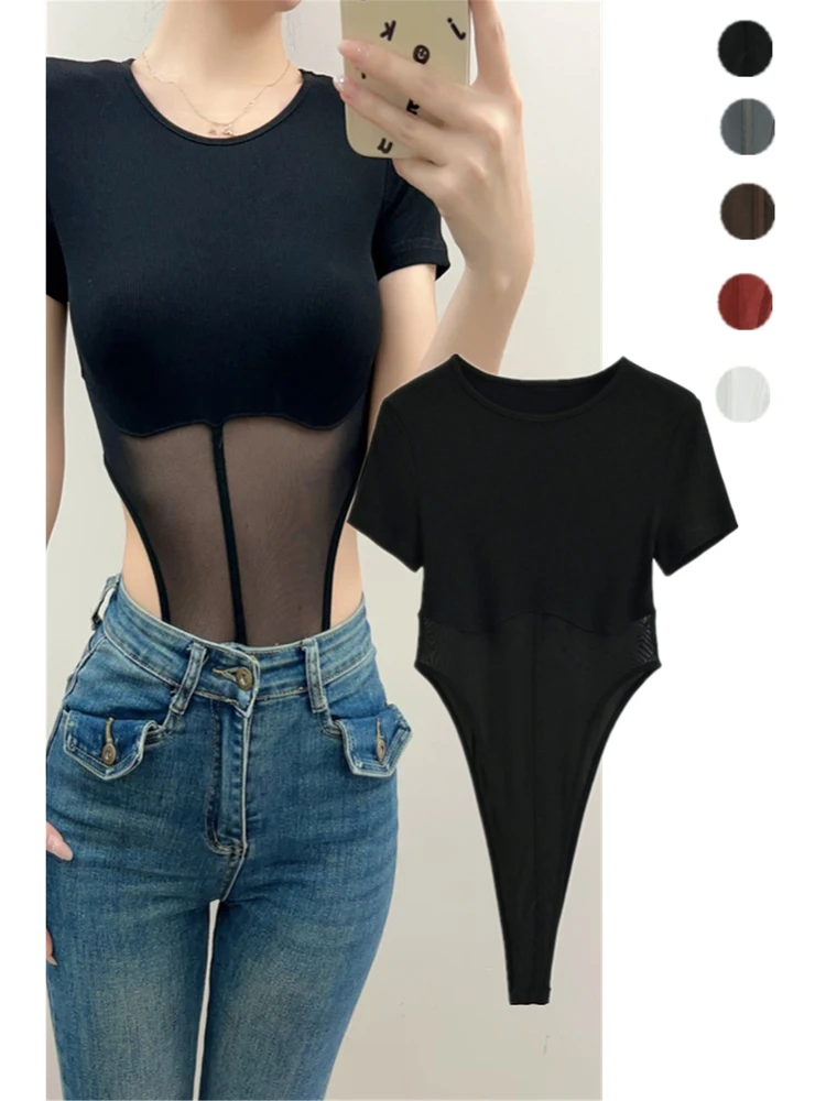 

Sexy ort Sve round Ne T-irt Women's Onesie Design Net Splicing Base irt Top Street Sle High Waist orts