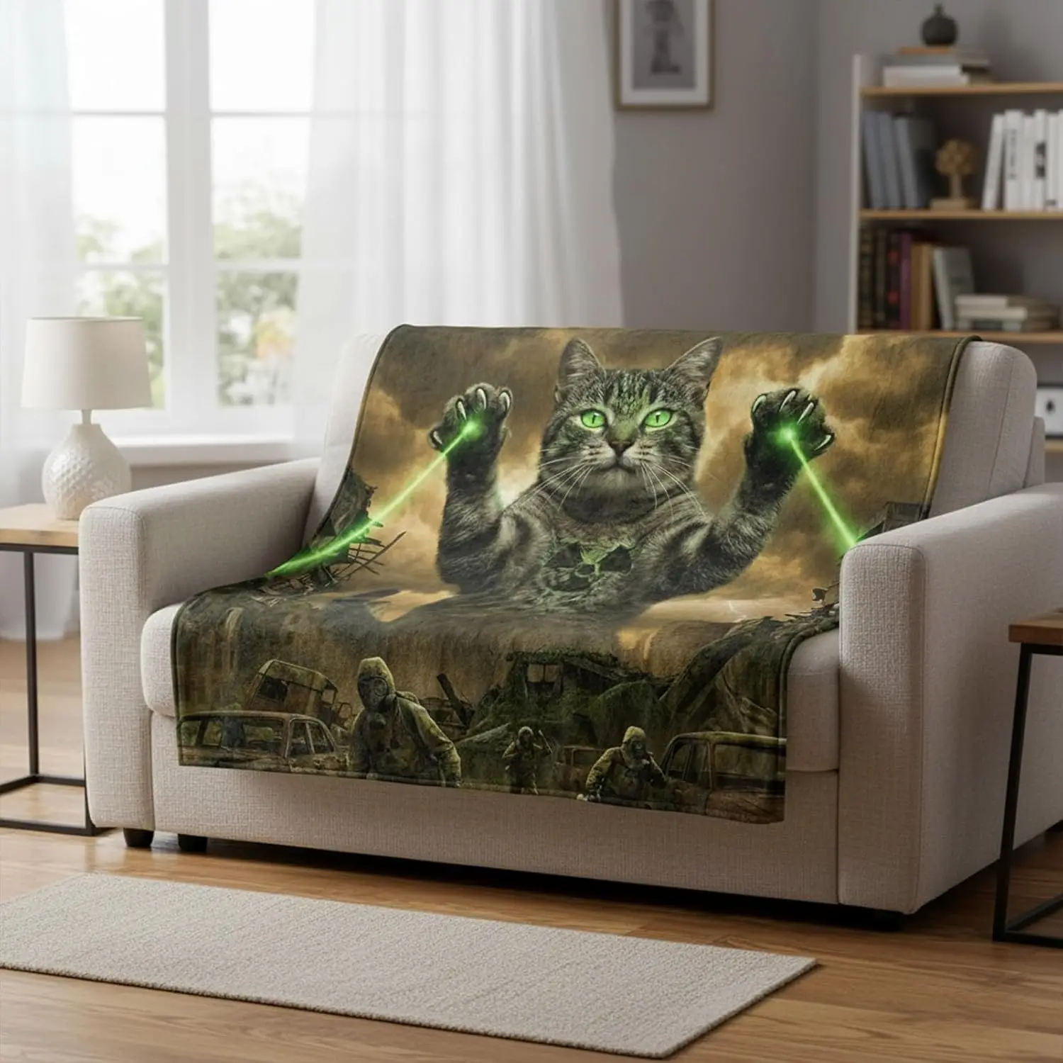 Funny Monster Cat Throw Blanket Radioactive Giant Disaster Wasteland Tabby Nuclear Spooky Sci-Fi Art Accessory