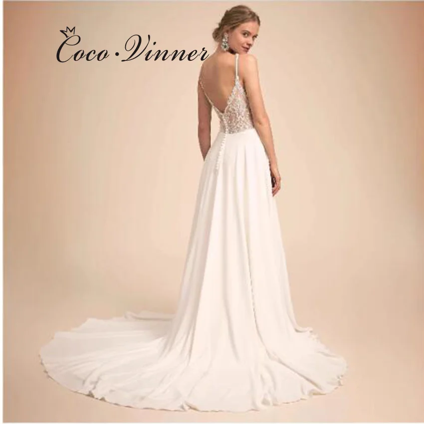 เปลือยโบสถ์รถไฟหรูหราชุดแต่งงานสายที่กําหนดเองคอวีแขนกุดปุ่มกลับชุดเจ้าสาวที่เรียบง่ายสําหรับผู้หญิงW1323