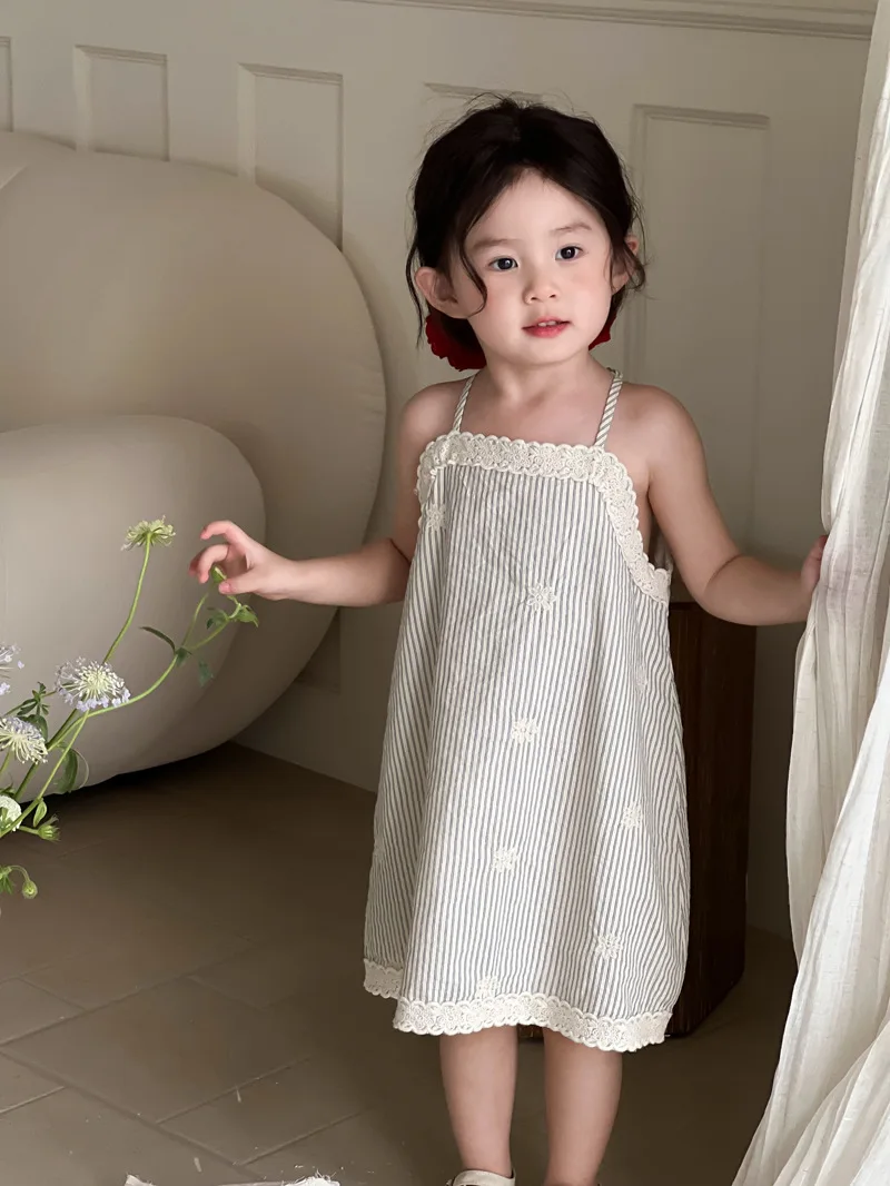 2025 Summer New Girls Casual Striped Sling Dress Flower Embroidery Children Sleeveless Princess Dress For Girls Baby Clothes