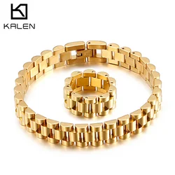 KALEN 10mm Golden High Finish Men Vintage Watch Strap Stainless Steel Necklace Bracelet Ring Set Party Holiday Jewelry Gifts