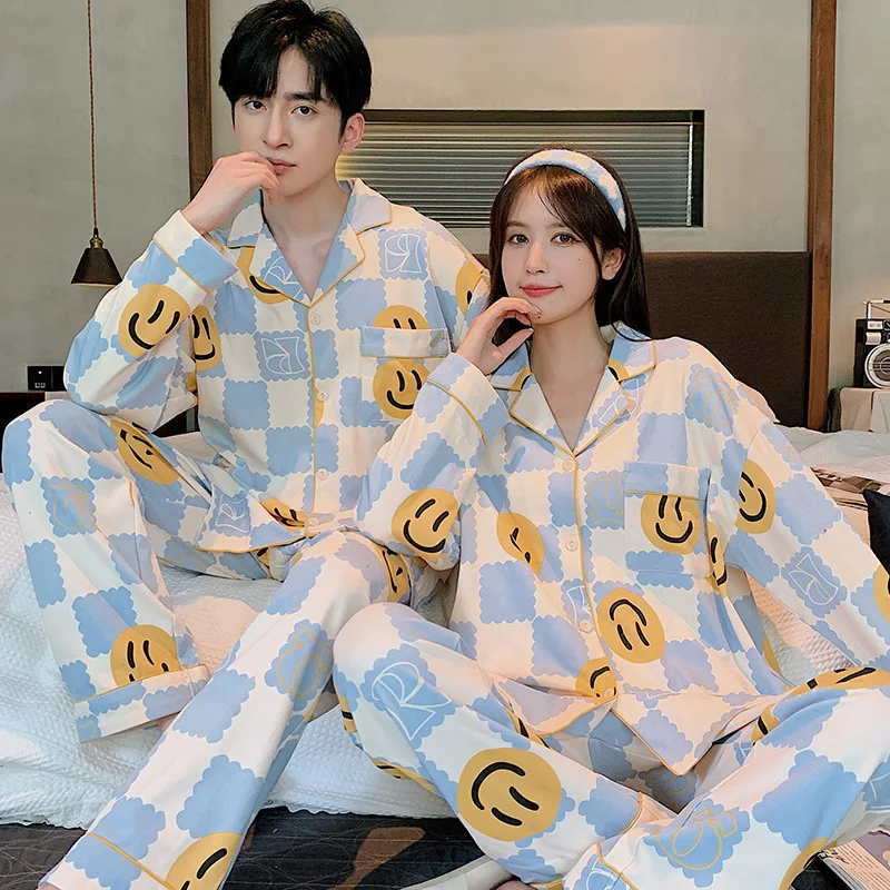 Youth Couple's Pajamas Autumn Cotton Soft Men and Women Matching Lounge Wear Lapel Cartoon Printed pijamas para parejas