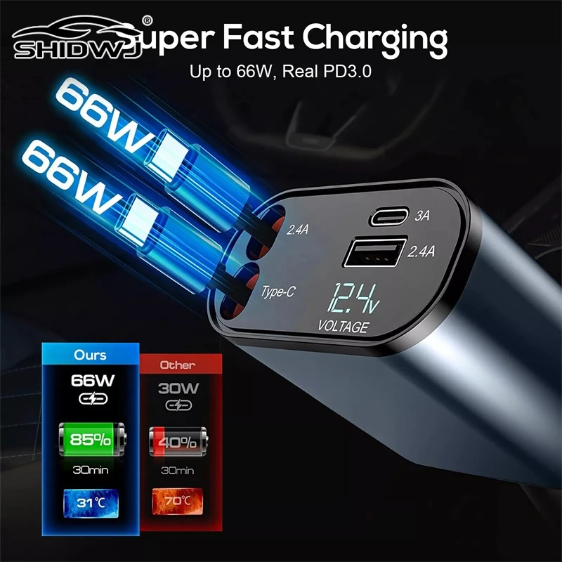 120W 4 In 1 Retractable Car Charger USB C For IPhone Xiaomi Huawei Fast Charging Cable Cigarette Adapter