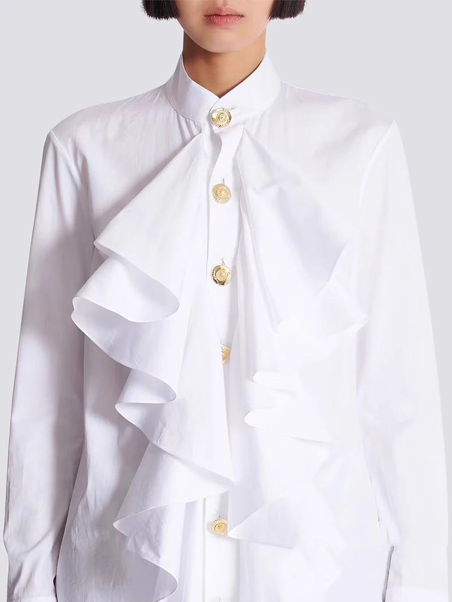 TWOTWINSTYLE Solid Spliced Fungus Folds Fashion Shirts for Women Round Neck Long Sleeves Patchwork Single Breasted Shirt Female