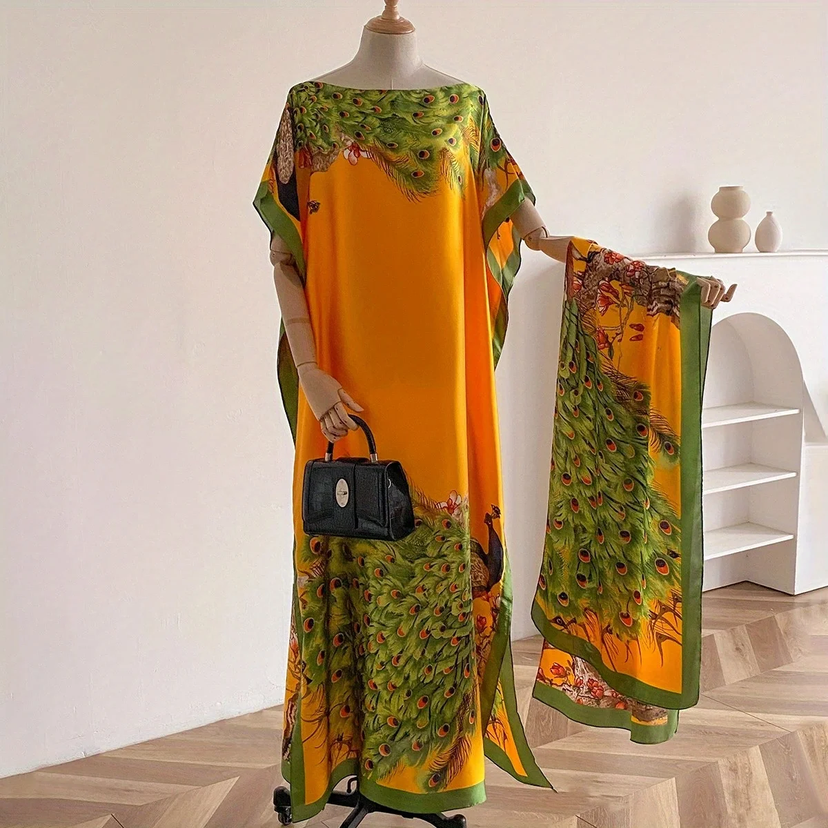 Women's Flower Butterfly Peacock Print Shawl Scarf Set, Elegant Casual Soft Scarf & Bohemian Shawl Beach Vacation Set,