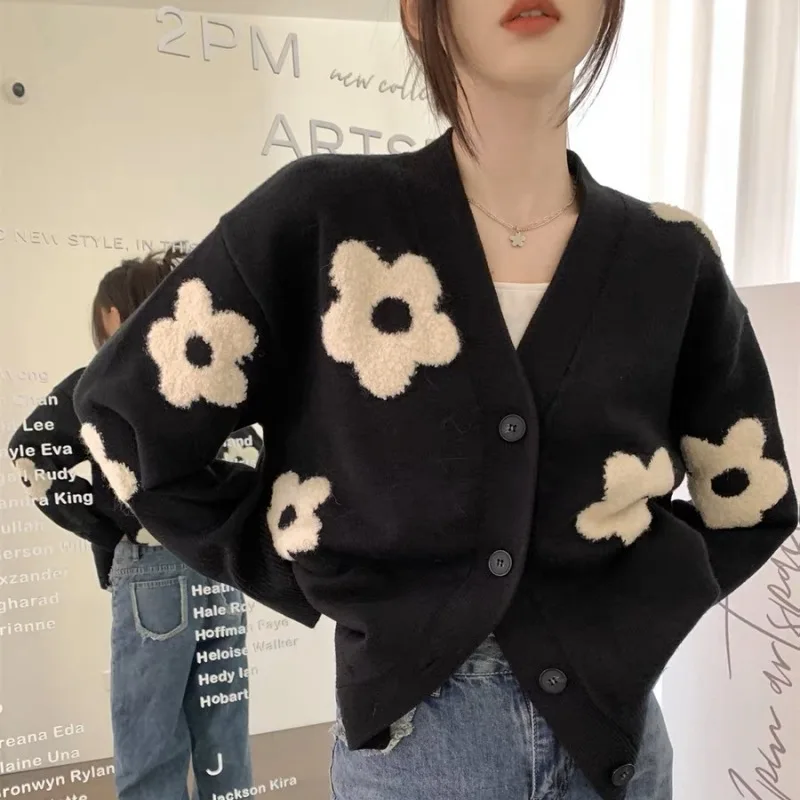 Korean Autumn New V-neck Three-dimensional Embedded Flower Lazy Flower Knitted Sweater Casual Cardigan Sweater Jacket Women