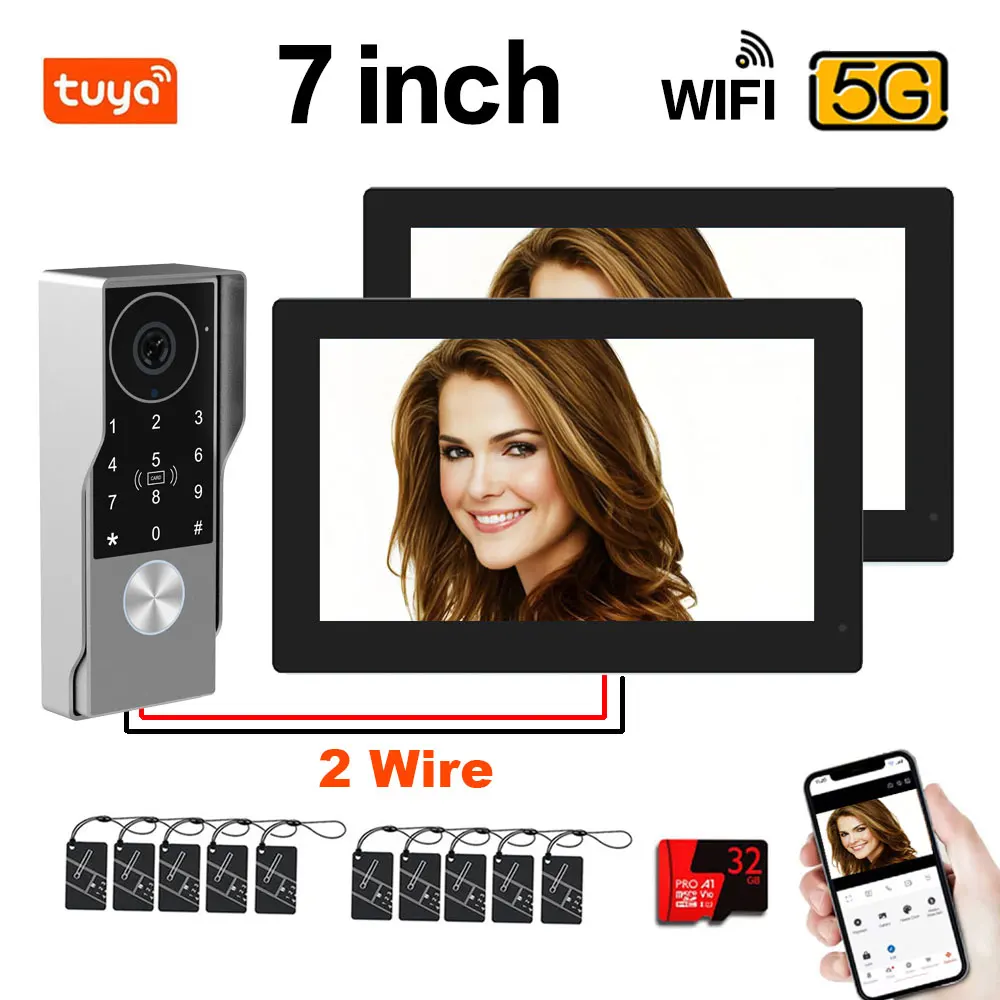 Nuevo Videoportero Tuya 5G Wifi de 2 Cables y 1080P con Pantalla Táctil de 7'' y 2 Monitores, Videoportero con Cámara, Sistema de Seguridad