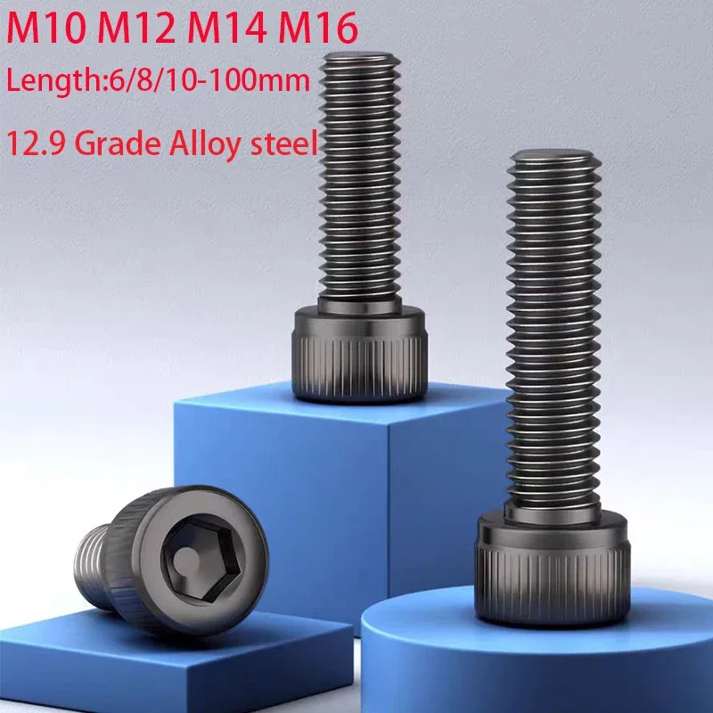 2-10pcs Hexagon Socket Head Cap Bolt Screw M10 M12 M14 M16 Black 12.9 Grade Alloy Steel Black Allen Bolts Length 16-150mm