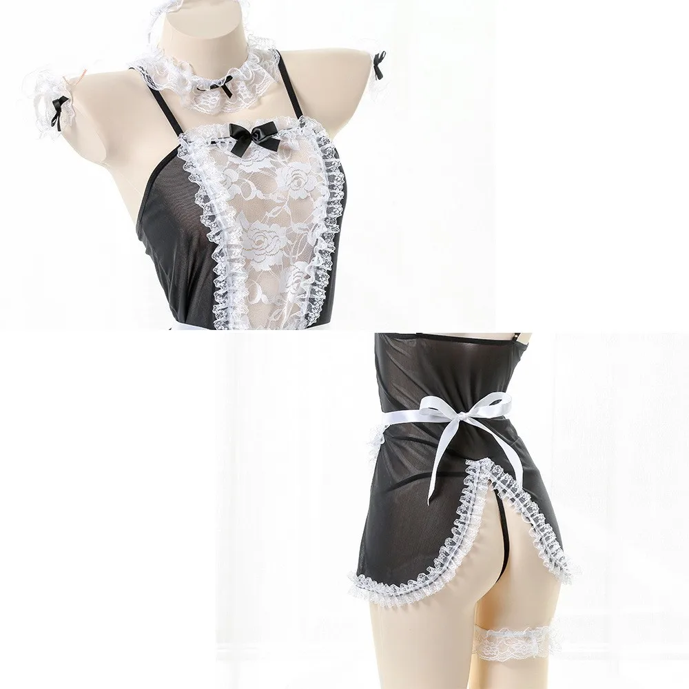 

Women Sexy Lingerie Transparent Lace Bow Maid Dress Cosplay Costume Servant Lolita Babydoll Uniform Role Play Exotic Outfit