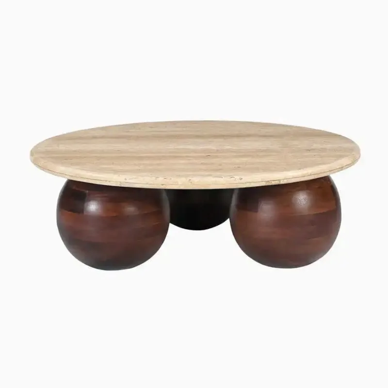 *Round Coffee Table, Solid Wood with Natural Travertine Top Organic Charm for Living Room Side Accents.