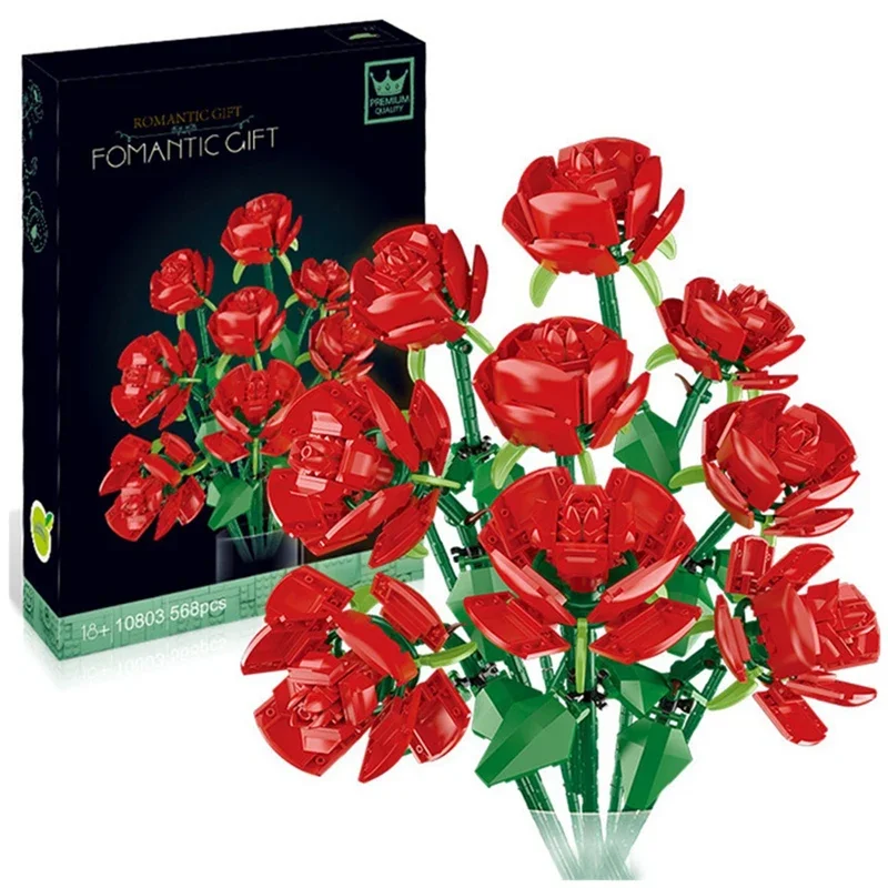 

MOC 9PCS Red Rose Bouquet Building Blocks Set Gothic Decor Artificial Rose Flower Decoration Gifts For Mother Valentine's Day