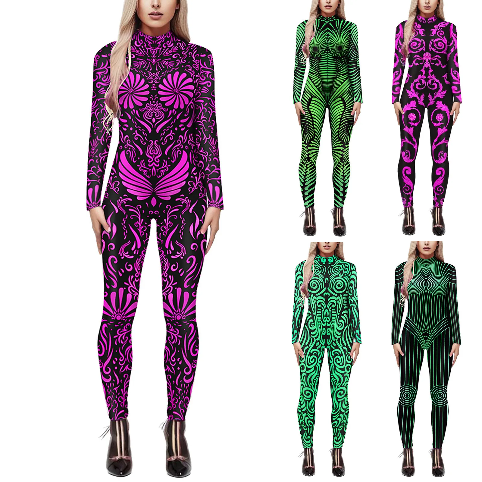 Carnival Party Geometric Line 3D Print Women Sexy Skinny Jumpsuit Halloween Cosplay Costumes Fancy Slim Bodysuit 2023 Mujer