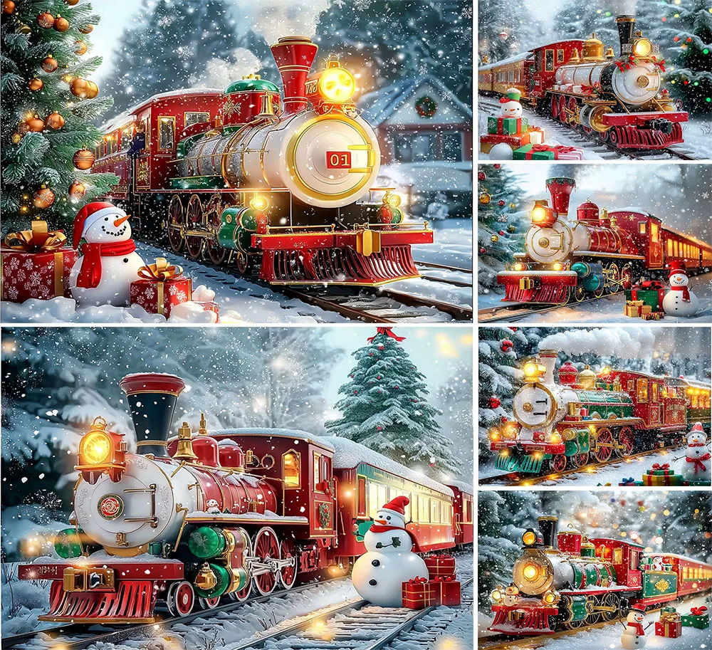 

Mehofond 3D Locomotive Green Train Photography Backdrop Gifts Snowman Christmas Tree Background Winter Forest Clouds Decorations