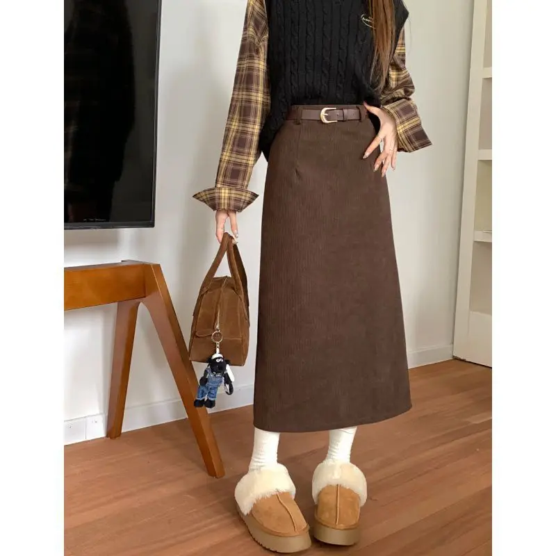 Vintage Corduroy Skirts Women Autumn Winter Elegant Fashion High Waist A-line Slim Harajuku Streetwear Midi Skirt Female Clothes