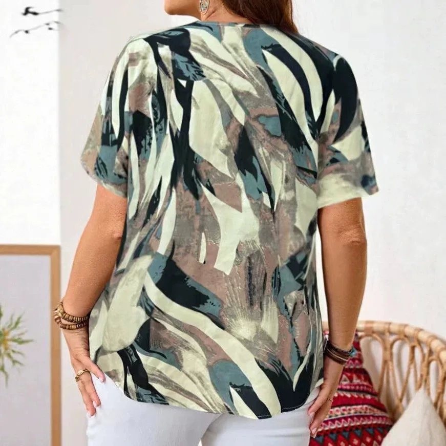 Plus Size Abstract Tropical Leaf Print Shirt, Notch V Neck Button Down Short Sleeve Loose Top for Curvy Women, Vintage Summer Va view 2