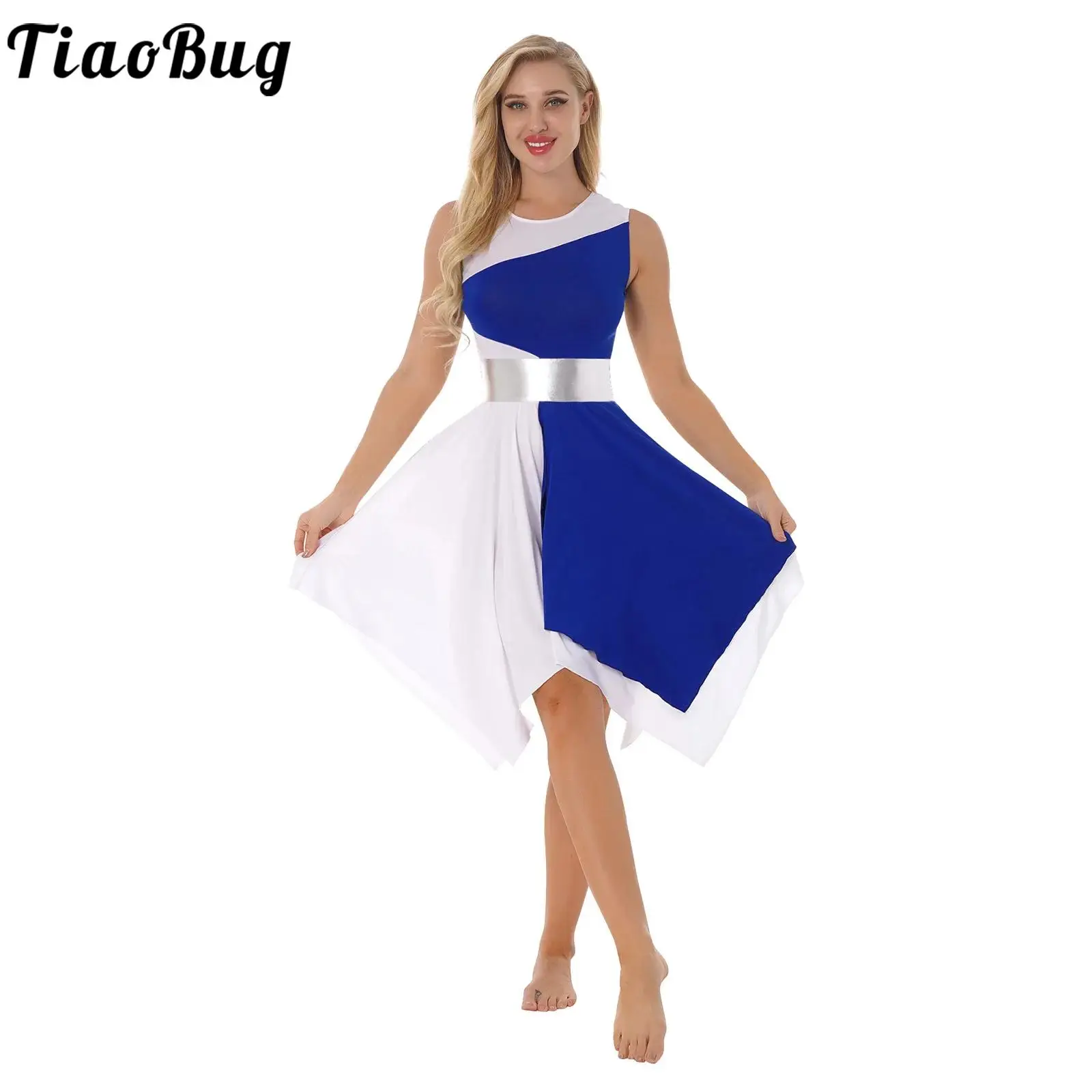 Women Color Block Sleeveless Dance Dresses Round Neck High Waist Patchwork Asymmetrical Hem Dresses for Prom Party Performance