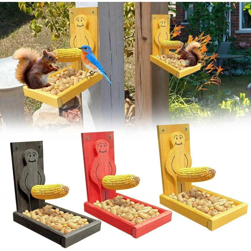 2024 New Proud Men Squirrel Feeder Outdoor Garden Wooden Small Squirrel Wild Bird Feeder Guinea Pig Rabbit Feeder