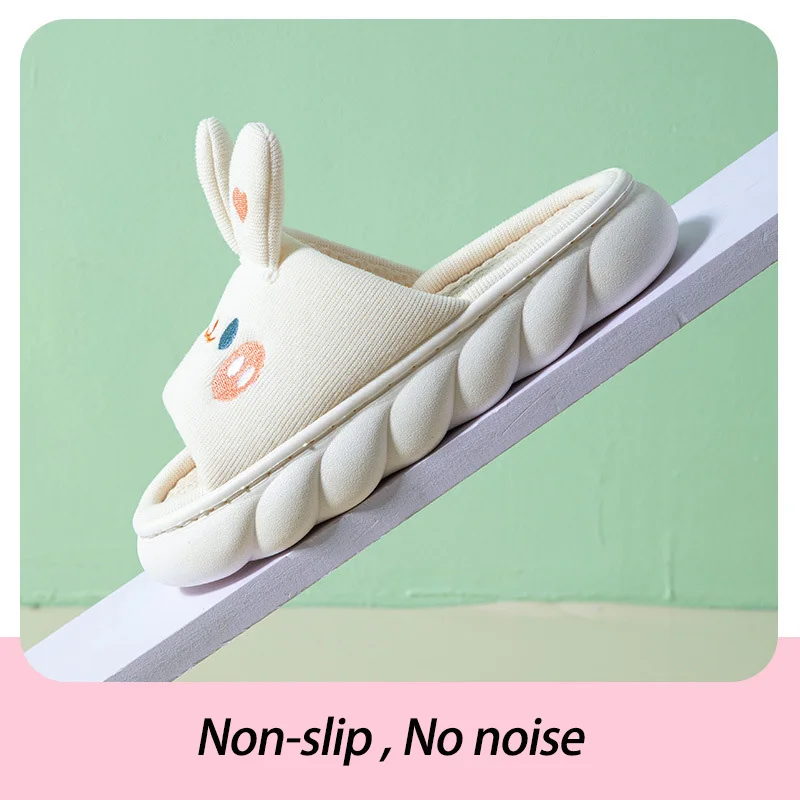 Thick Sole Cartoon Linen Slippers Female Cute Rabbit Anti-slip Sweat Home Comfy Sandals Four Seasons Family Cotton Slipper